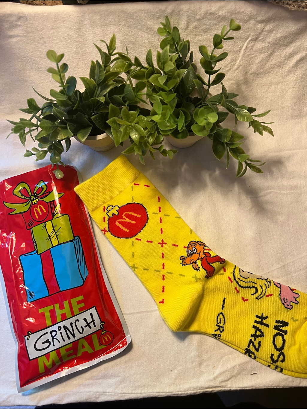 Mcdonald's Yellow Grinch-Themed Novelty Socks With Red Accents
